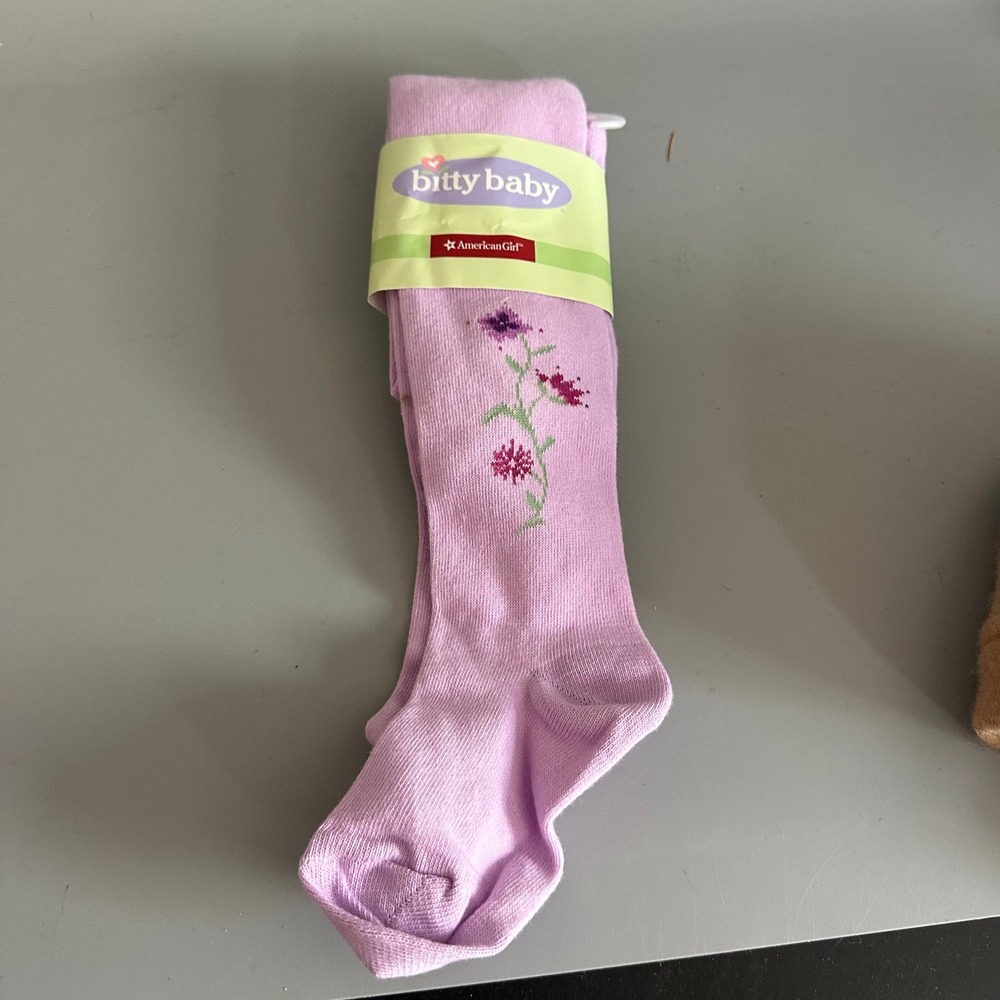 American Girl Bitty Baby Lavender Purple Floral Embroidered Tights Size M/L 5-6X